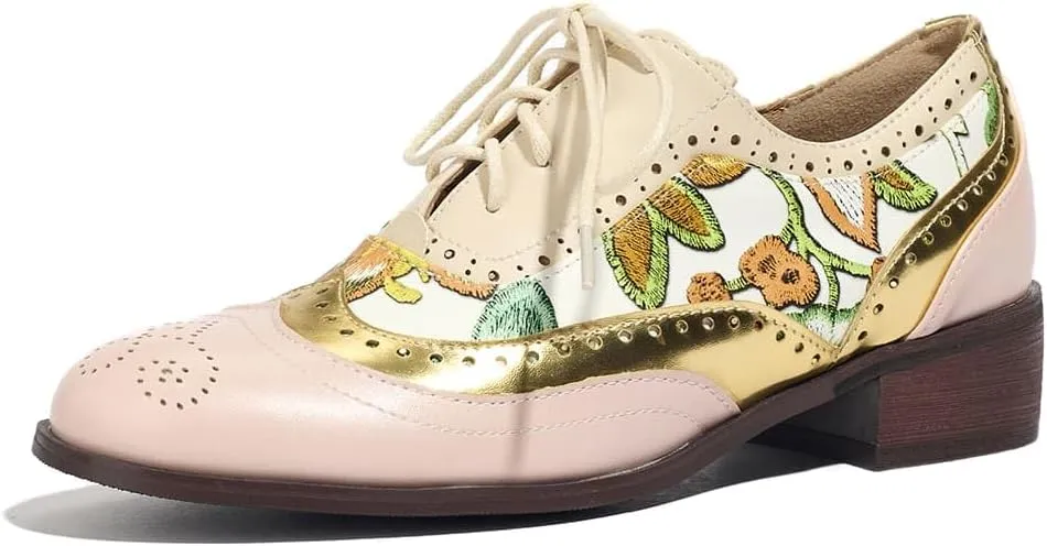 Women's Floral Oxford Brogue Chunky Heeled Two Tone Saddle Shoes