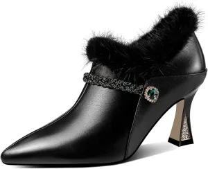 Women's Handmade Genuine Leather and Fur Side Zip Up High Heel Pointed Toe Oxford Pumps with Green Crystal Decor