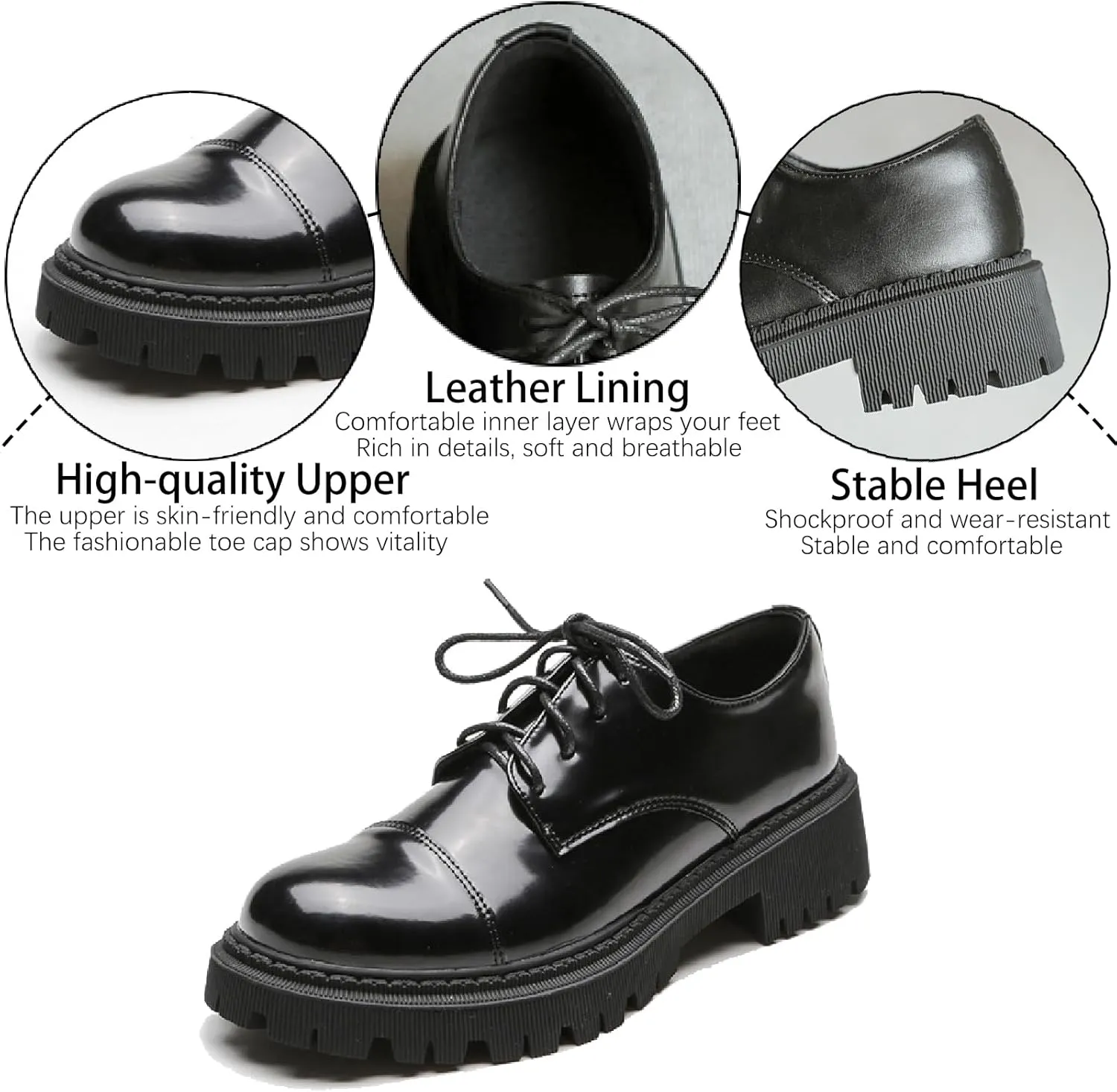 Women's Patent Leather Platform Oxfords Classic Lace Up Comfortable Round Toe Non-Slip Lug Sole Chunky Heel Uniform Dress Shoes for Business Casual Work Office