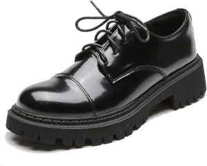 Women's Patent Leather Platform Oxfords Classic Lace Up Comfortable Round Toe Non-Slip Lug Sole Chunky Heel Uniform Dress Shoes for Business Casual Work Office