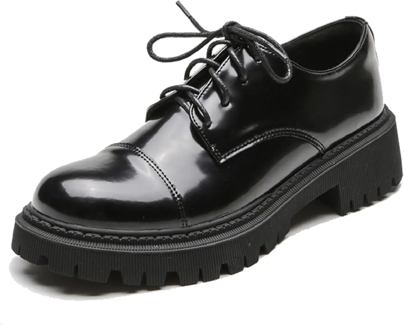 Women's Patent Leather Platform Oxfords Classic Lace Up Comfortable Round Toe Non-Slip Lug Sole Chunky Heel Uniform Dress Shoes for Business Casual Work Office