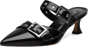 Women's Pumps, Pointed Toe Low Heel Mules for Women, Backstrap Buckle Fashion Solid Women's Mule Pumps for Daily Working Party