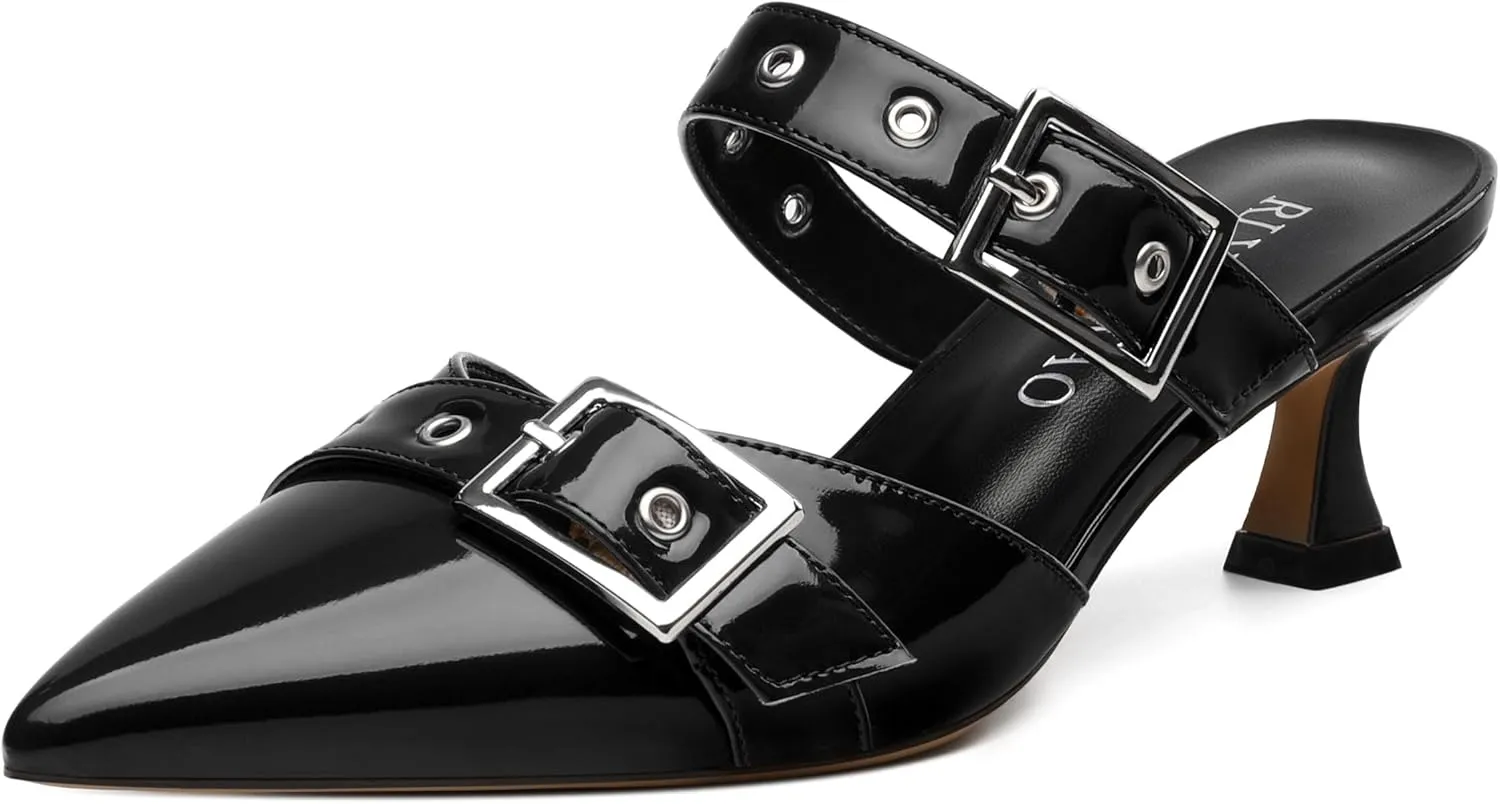 Women's Pumps, Pointed Toe Low Heel Mules for Women, Backstrap Buckle Fashion Solid Women's Mule Pumps for Daily Working Party