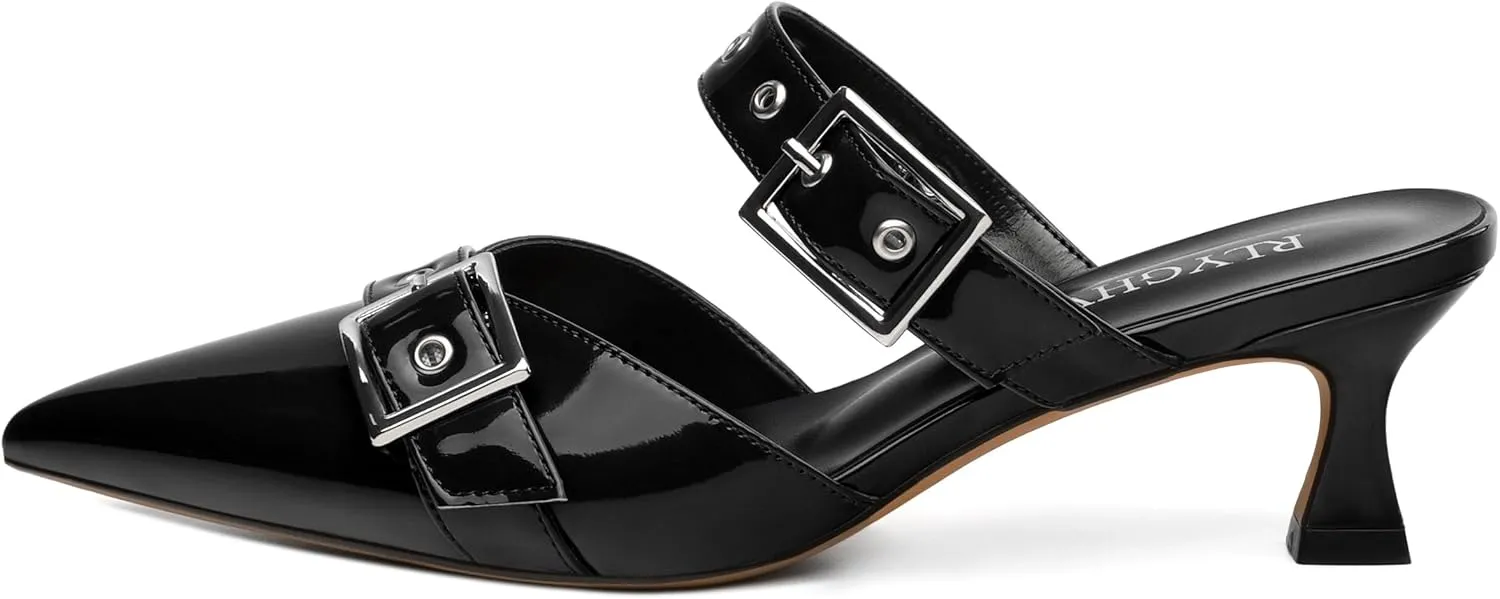 Women's Pumps, Pointed Toe Low Heel Mules for Women, Backstrap Buckle Fashion Solid Women's Mule Pumps for Daily Working Party