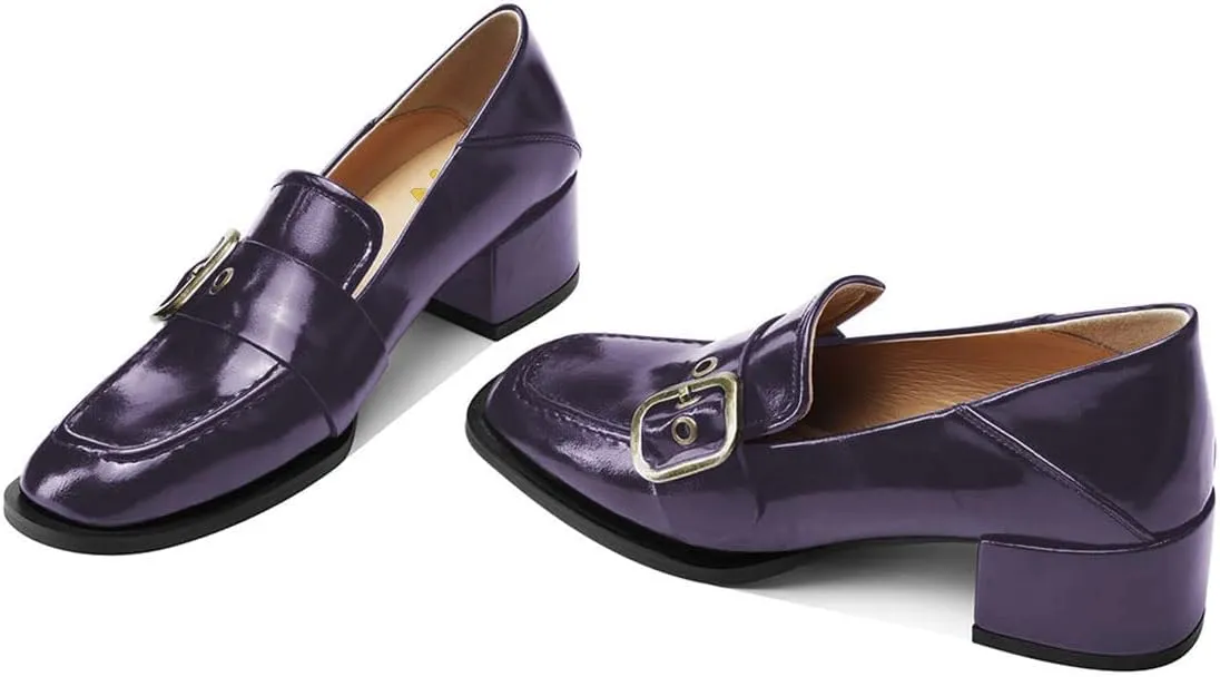 YDN Women Square Toe Heeled Loafers Slip on Block Low Heel Pumps Buckle Fashion Formal Wear Shoes Size 4-15 US