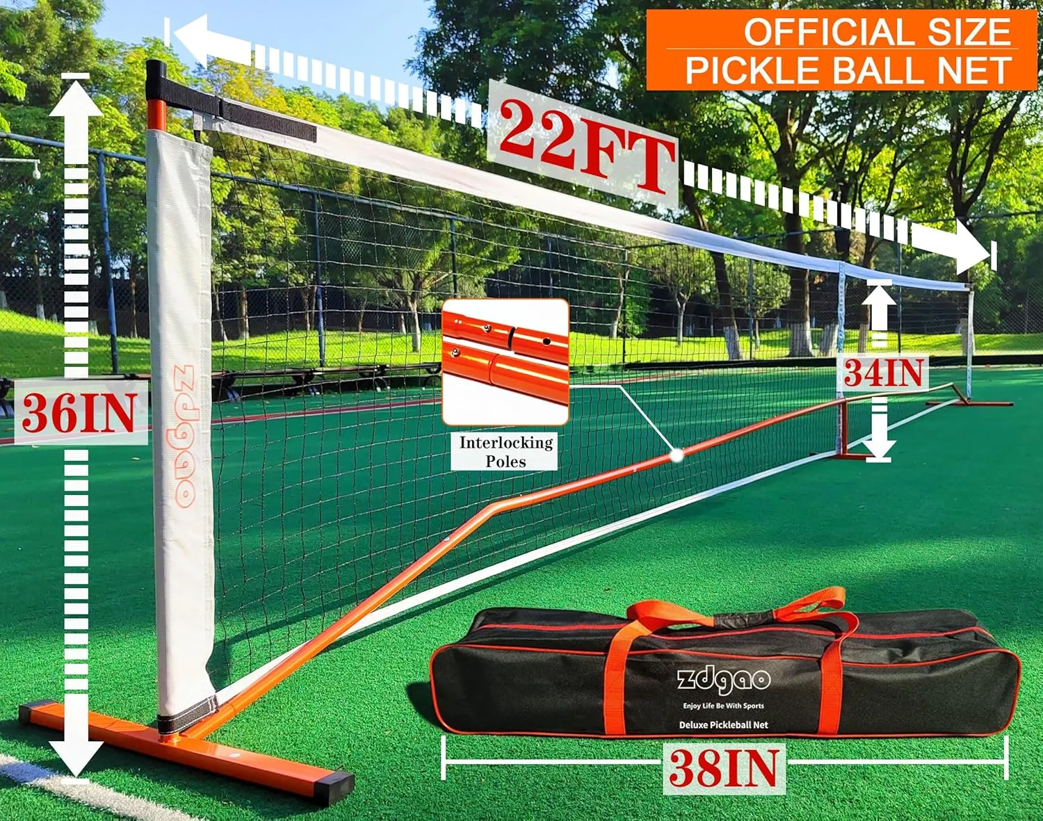 Zdgao Pickleball Net for Driveway with 22FT Regulation Size Pickleball Net, 4 Outdoor Pickleballs and Carry Bag, Weather Resistance Strong Steel Frame